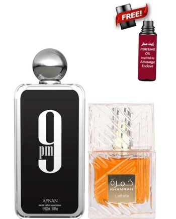 Bundle for Men: 9PM for Men, edP 100ml by Afnan + Khamrah for Men and Women (Unisex), edP 100ml by Lattafa + Amouage Enclave Perfume Oil (LUXE) 10ml Roll-On for Men and Women (Unisex) - by NICHE Perfumes