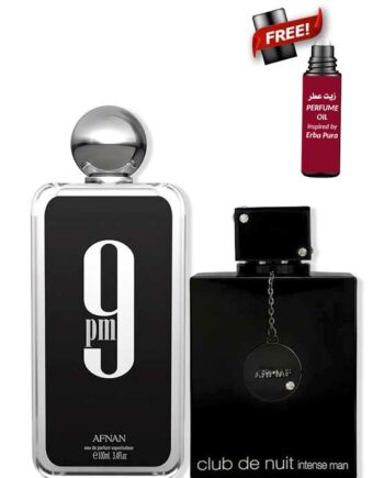 Bundle for Men: 9PM for Men, edP 100ml by Afnan + Club de Nuit Intense for Men, Parfum 150ml by Armaf + Sospiro Erba Pura Perfume Oil (LUXE) 10ml Roll-On for Men and Women (Unisex) - by NICHE Perfumes