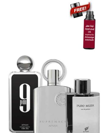Bundle for Couples: 9PM for Men, edP 100ml by Afnan + Supremacy pour Homme for Men, edP 100ml by Afnan + Pure Musk for Men and Women (Unisex), edP 100ml by Afnan + Amouage Interlude MAN Perfume Oil (LUXE) 10ml Rol
